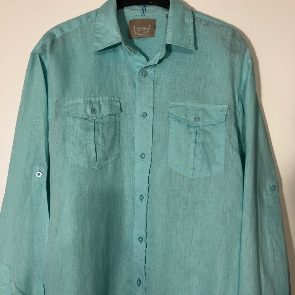 Men's Linen Long-Sleeve Aqua Shirt, Medium, by Bruno New York